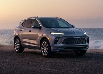 Silver SUV parked on a coastal road at sunset